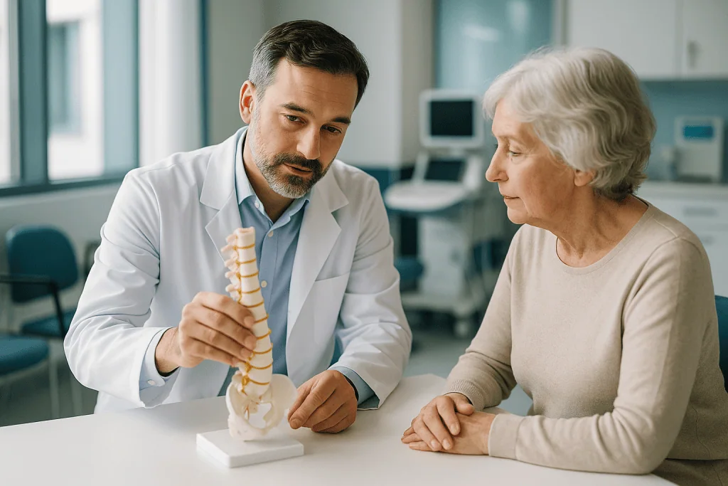 Cervical Spondylosis 1 Doctor explaining cervical spine issues to elderly woman in clinic.