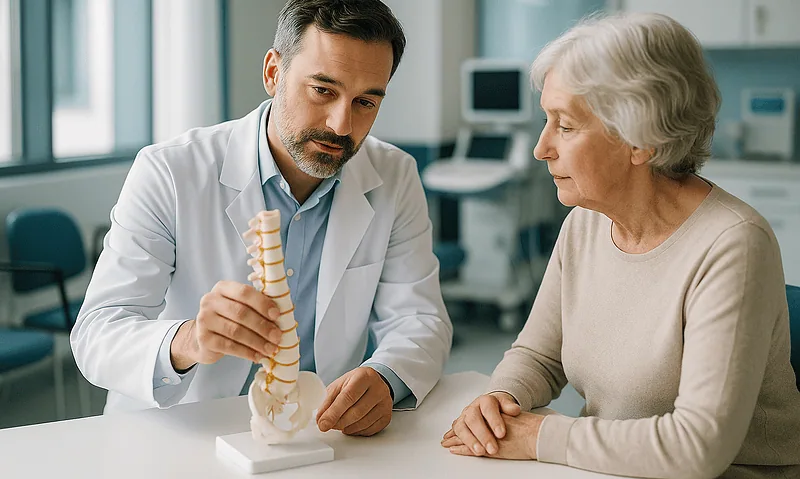 Doctor explaining cervical spine issues to elderly woman in clinic.