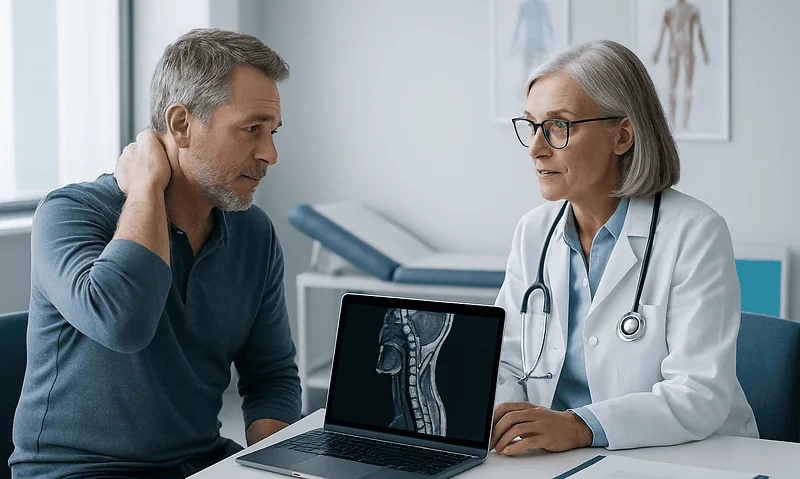 Doctor explains spinal MRI results to a patient in a clinic setting.