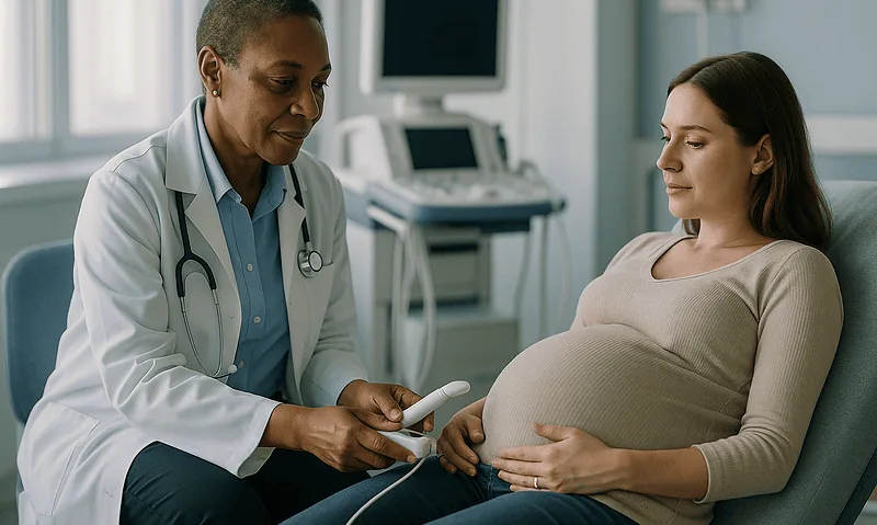 Doctor consulting pregnant woman in hospital room for Cesarean Delivery.