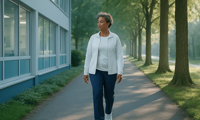 Woman walking outdoors after cesarean recovery, healing incision visible.