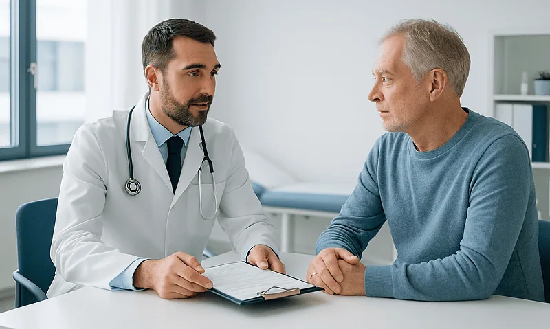 Doctor consulting with a patient in a modern medical office.