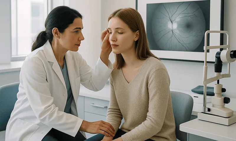 Ophthalmologist examining a patient's eye in a clinical setting.