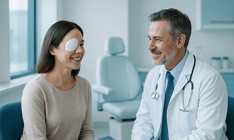 Doctor consulting with woman after chalazion surgery in clinic.