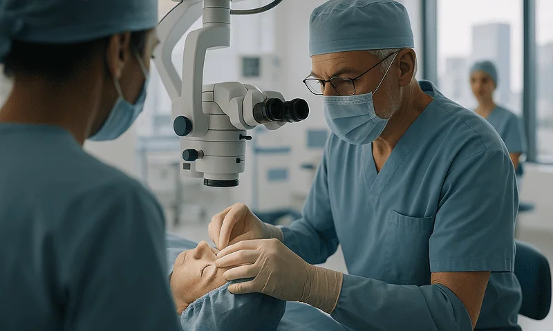 Ophthalmologist performing eye surgery in a modern hospital setting.