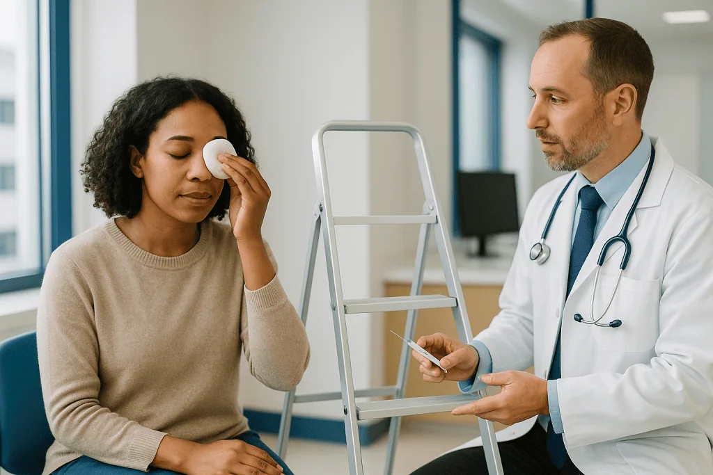Doctor consulting patient during general medical examination: Chalazion treatment options at a glance: the step-up ladder
