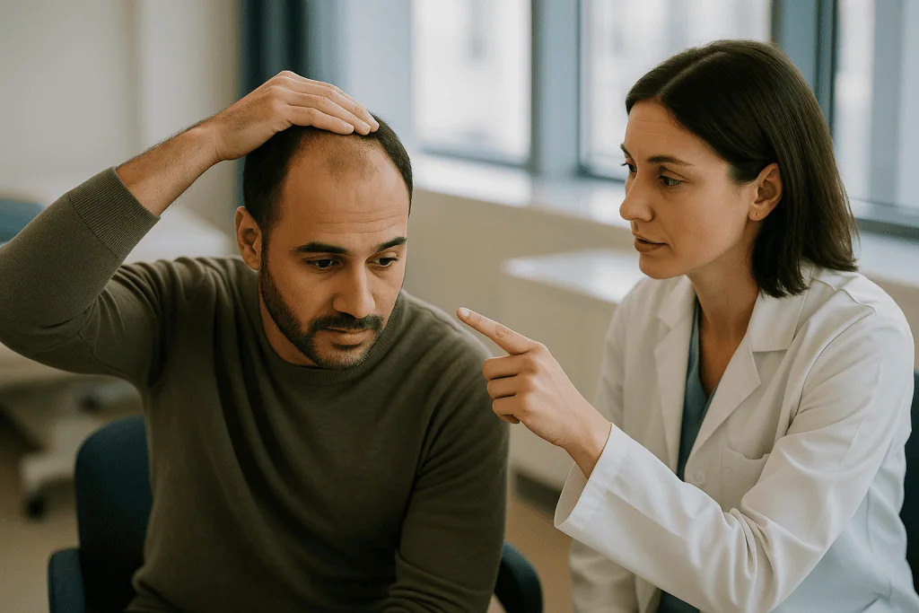 Doctor examining patient's hair loss, consultation setting: Channel angle: why direction is the first thing the eye reads