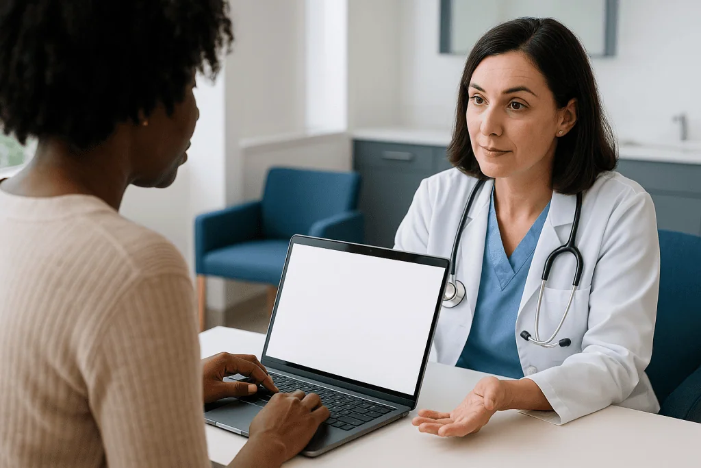 Doctor consulting patient at desk with laptop: ChatGPT medical advice vs. a dedicated symptom checker: which is which?