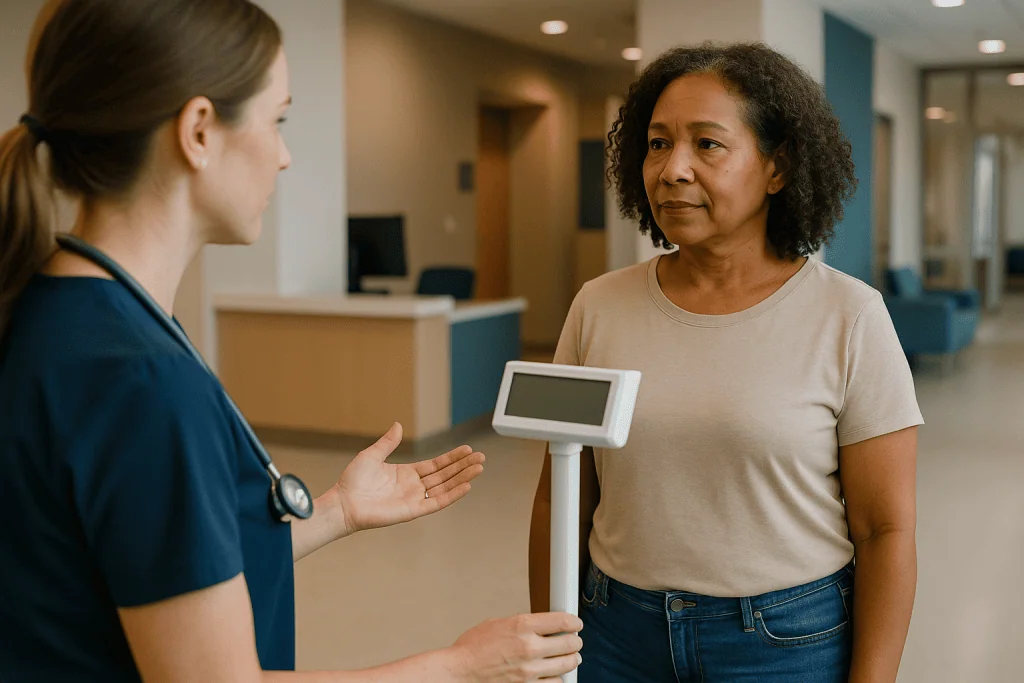 Healthcare worker consulting with patient in clinic corridor: Check-in: why they weigh you every single time
