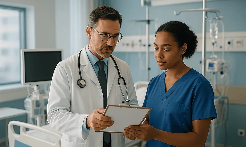 Doctors reviewing patient information in a hospital setting.
