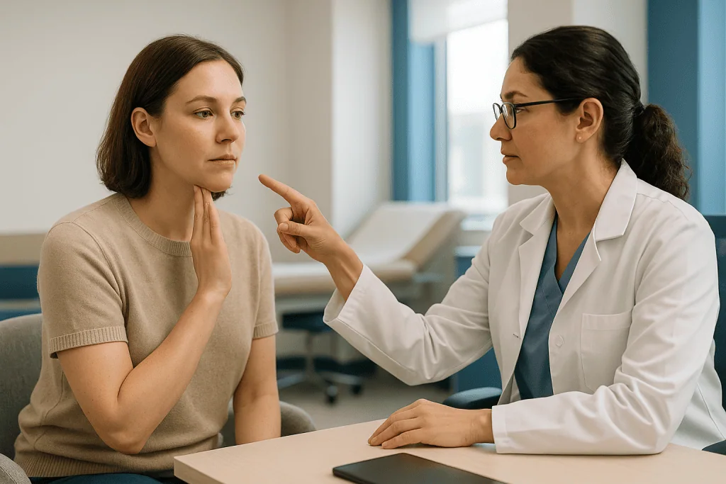 Doctor consulting with patient about throat or neck concern: Cheek and jaw augmentation: how the options differ