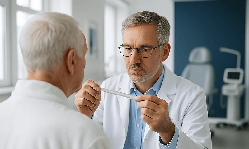 Doctor examining elderly patient's face in a medical consultation room.
