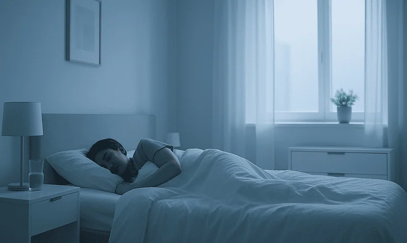 Young woman sleeping peacefully in a modern bedroom at night.