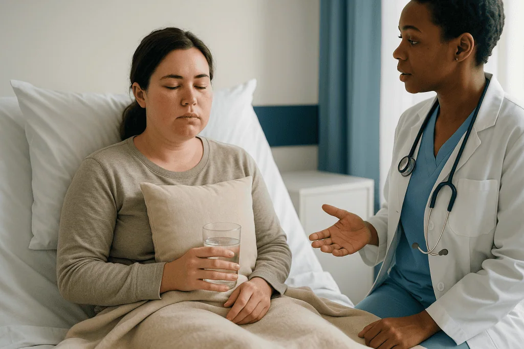 Doctor consulting patient in hospital bed about symptoms: Cheek augmentation recovery: what the first 72 hours usually feel 