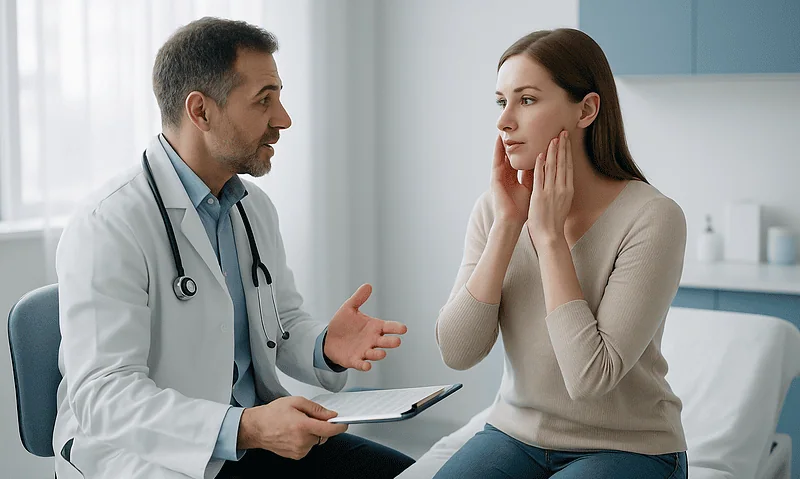Doctor consulting with young woman about cheek augmentation risks in clinic.