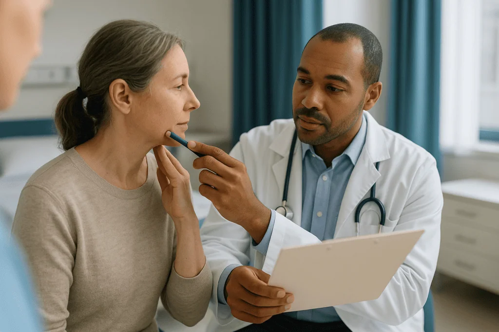 Doctor consulting with patient, reviewing medical records: Cheek implants: where the incision goes and how the malar pocket 