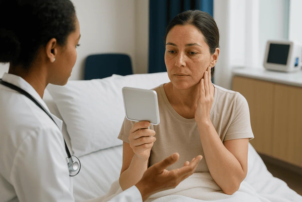Doctor consulting patient with handheld mirror in examination room: Chemical peel recovery time: what the following days usu