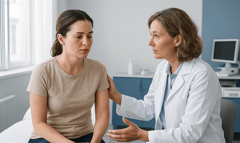 Doctor consulting with a patient about skin treatment side effects.