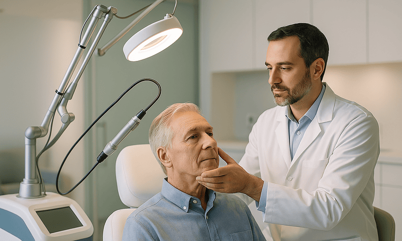 Dermatologist examines elderly man's skin in a clinical setting.