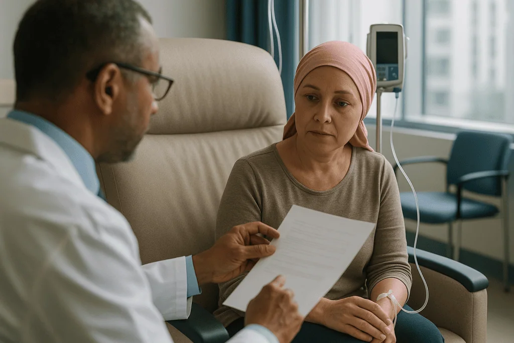Doctor consulting with female cancer patient reviewing results — Chemoradiation for cervical cancer: the standard for locally