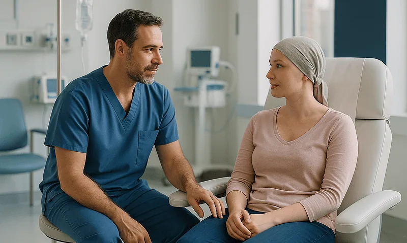 Doctor consulting with a female patient in a hospital room.