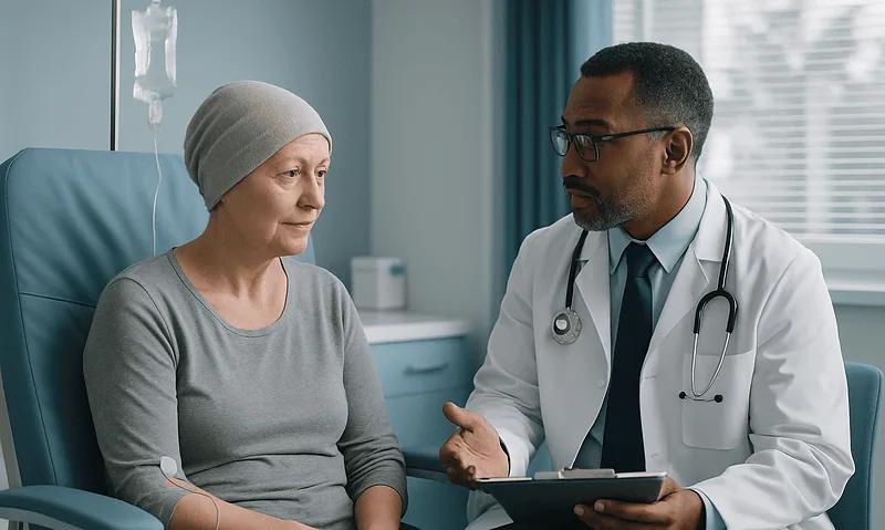 Doctor consulting with a patient in a hospital room.