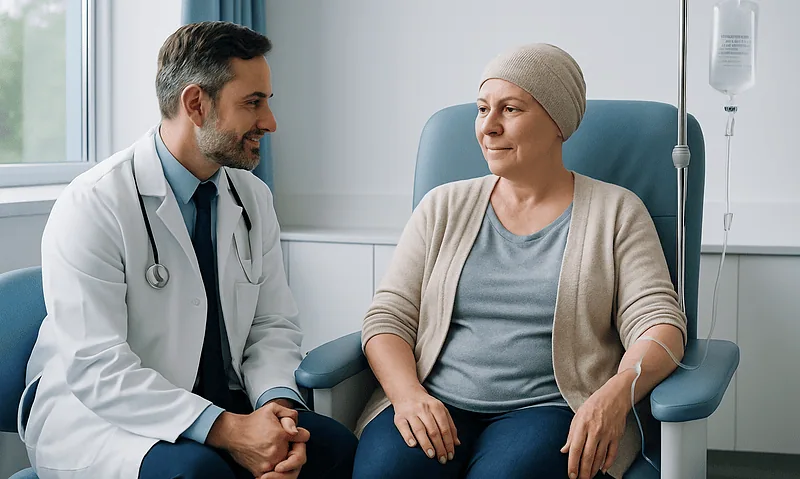 Doctor consulting with a patient in a hospital room.