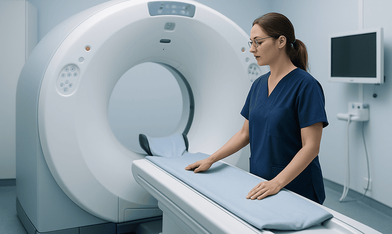 Medical professional prepares MRI scan in a modern hospital setting.