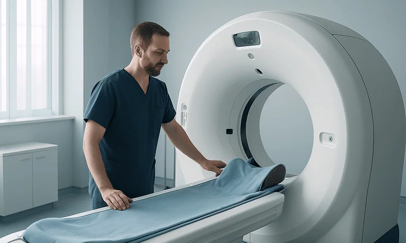 Medical technician prepares MRI scan bed in hospital imaging room.
