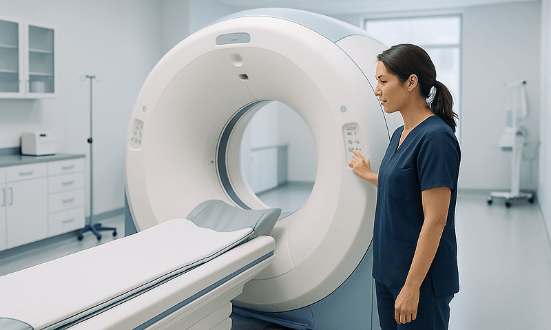 Medical professional operating MRI scanner in hospital.