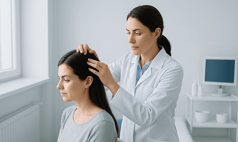 Doctor examining patient's scalp in a clinical setting.
