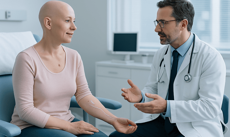 Doctor explaining chemotherapy port to patient in hospital room.
