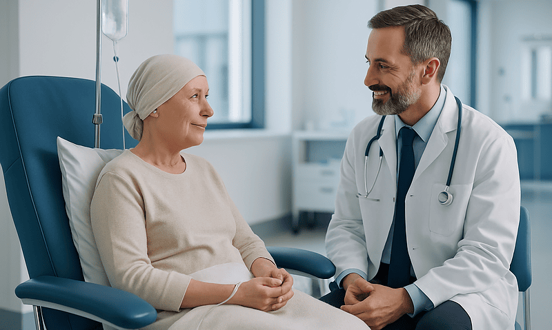 Doctor talking to a patient in a hospital room during chemotherapy treatment.