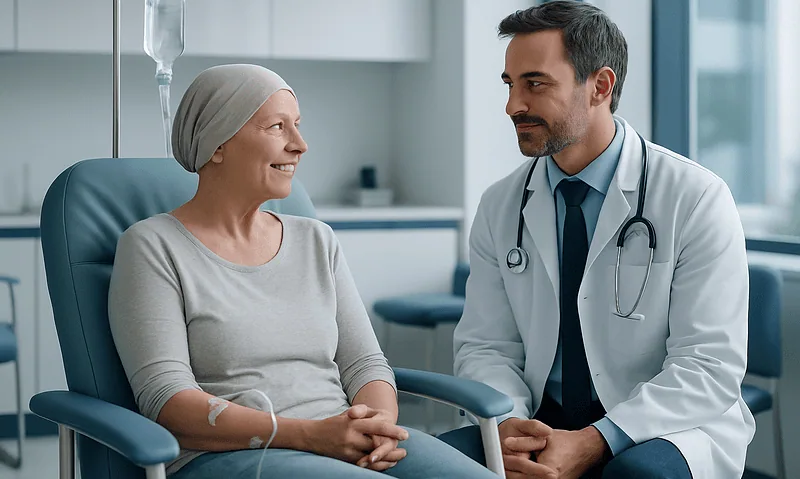 Oncologist consulting with a female patient in a hospital room.