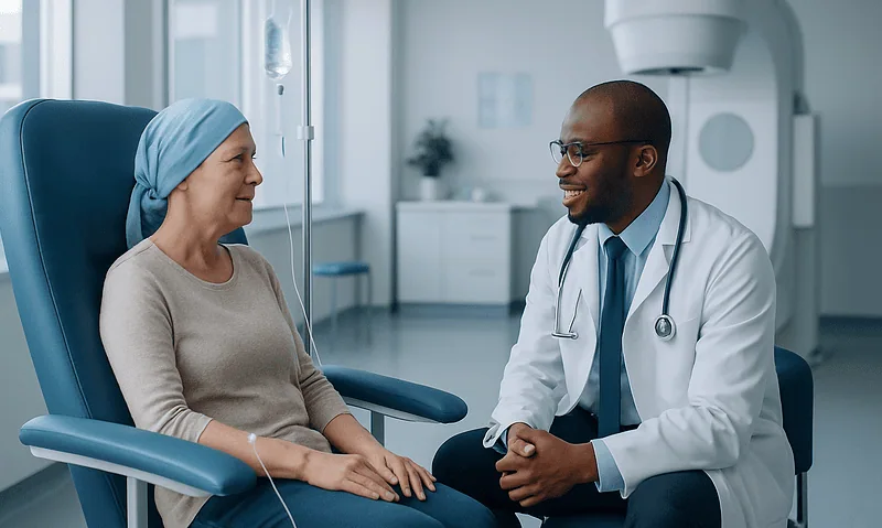 Oncologist consulting with a female patient in a hospital room.
