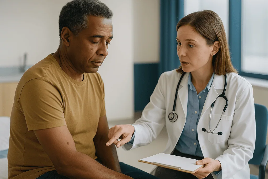 Doctor examining patient's arm skin lesion: Cherry angioma: the tiny red dots that show up in your thirties and never stop