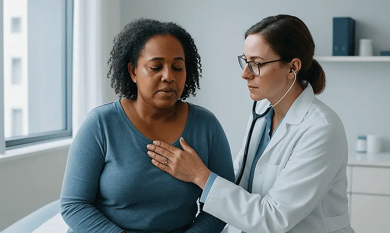 Doctor examining a woman with lupus symptoms in a clinical setting.