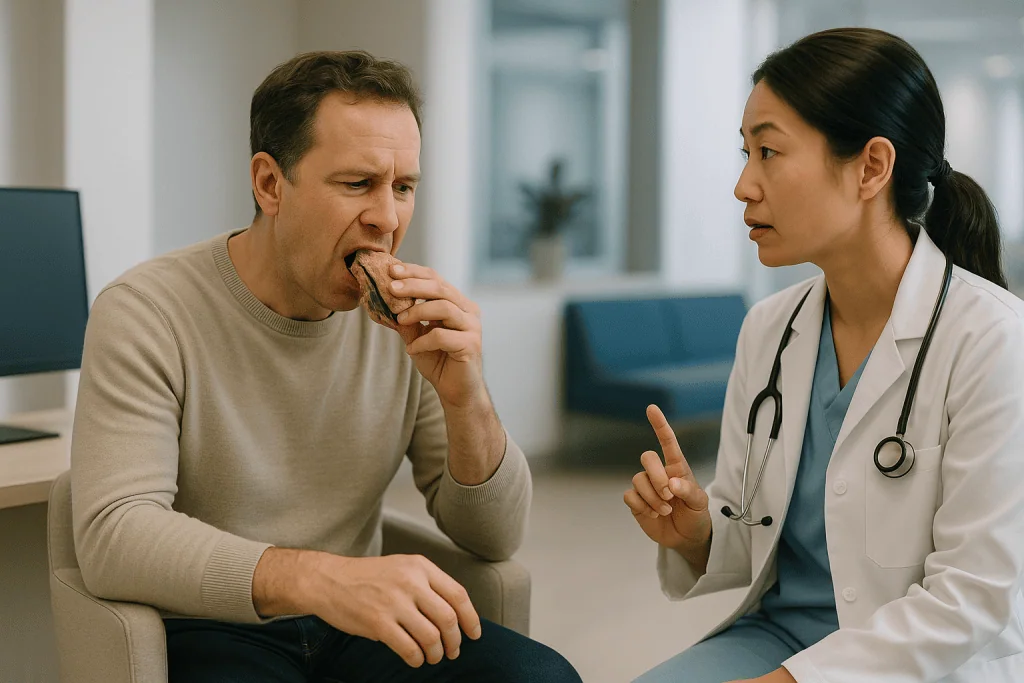 Doctor consulting patient eating sandwich in clinic: Chewing on the numb side: the small habit that causes big bites
