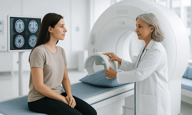 Medical professional explains MRI scan results to a patient in a hospital setting.