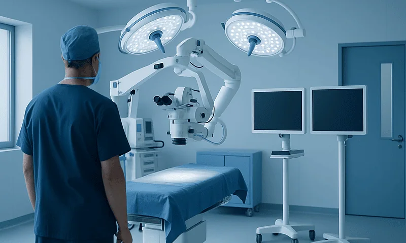 Modern operating room with surgical equipment and a medical professional preparing for surgery.