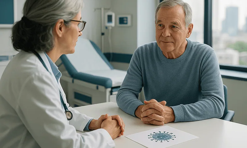 Doctor consulting with an elderly male patient in a hospital room.