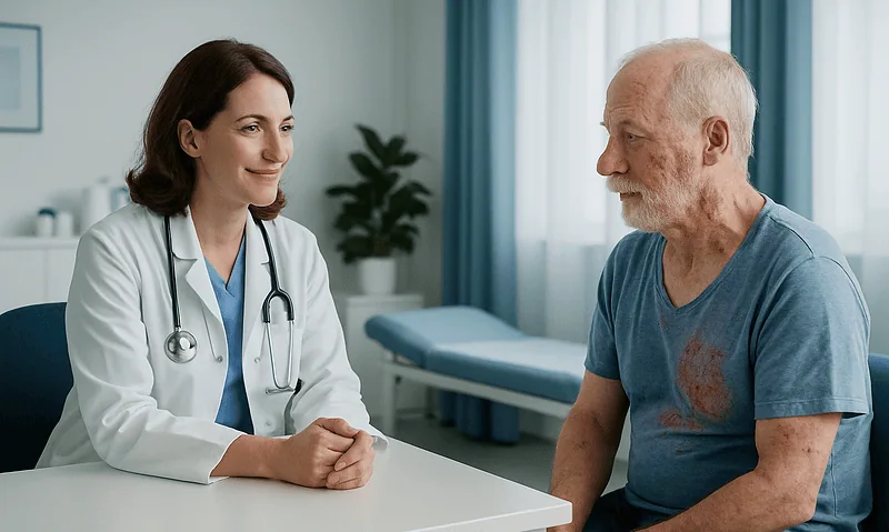 Doctor consulting with elderly male patient in clinic setting.