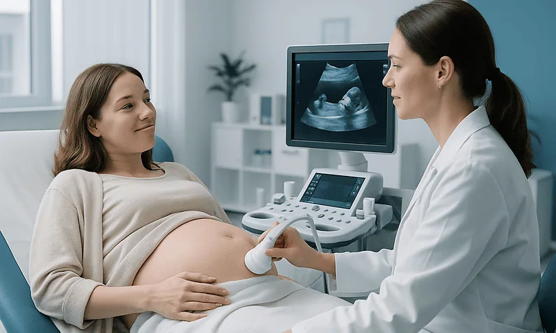 Pregnant woman having ultrasound scan at hospital.