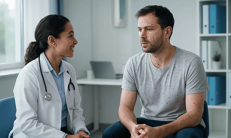 Doctor consulting with a male patient in a medical office.