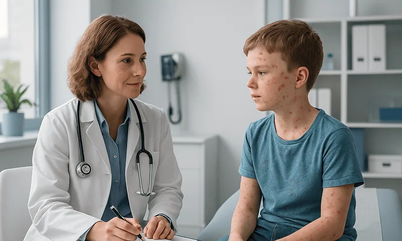 Doctor consulting with a young patient with chickenpox symptoms in a clinic.