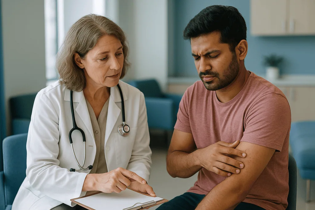 Doctor consulting patient about arm or shoulder concern: Chikungunya vs dengue symptoms: how to tell them apart