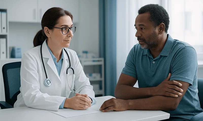 Doctor consulting with patient in a medical office setting.