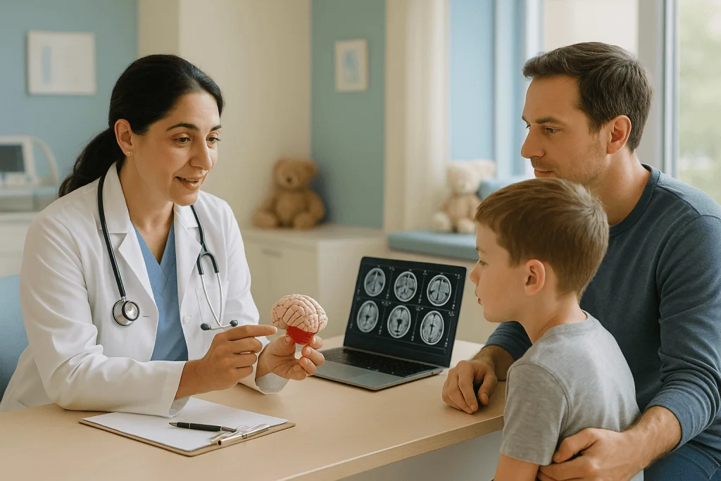 Childhood Brain Tumor 1 Pediatric neurologist explaining brain tumor to young patient and parent.