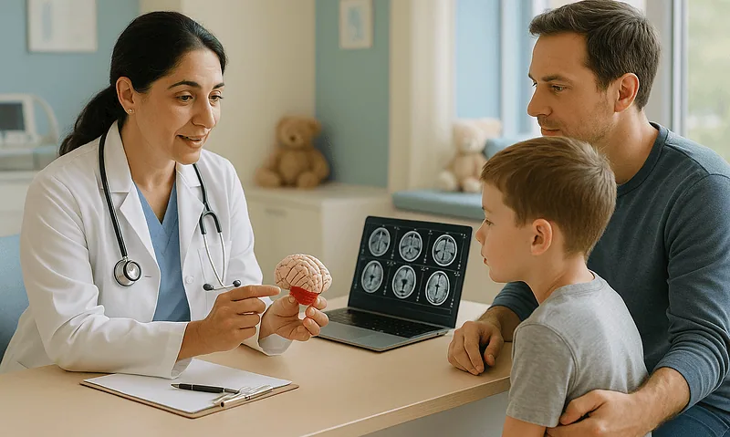 Pediatric neurologist explaining brain tumor to young patient and parent.