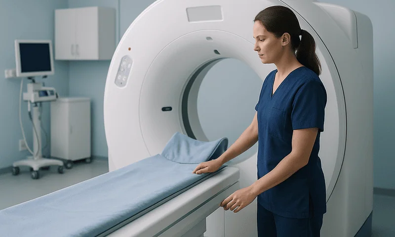 Female healthcare professional preparing a patient for a CT scan in a modern hospital.